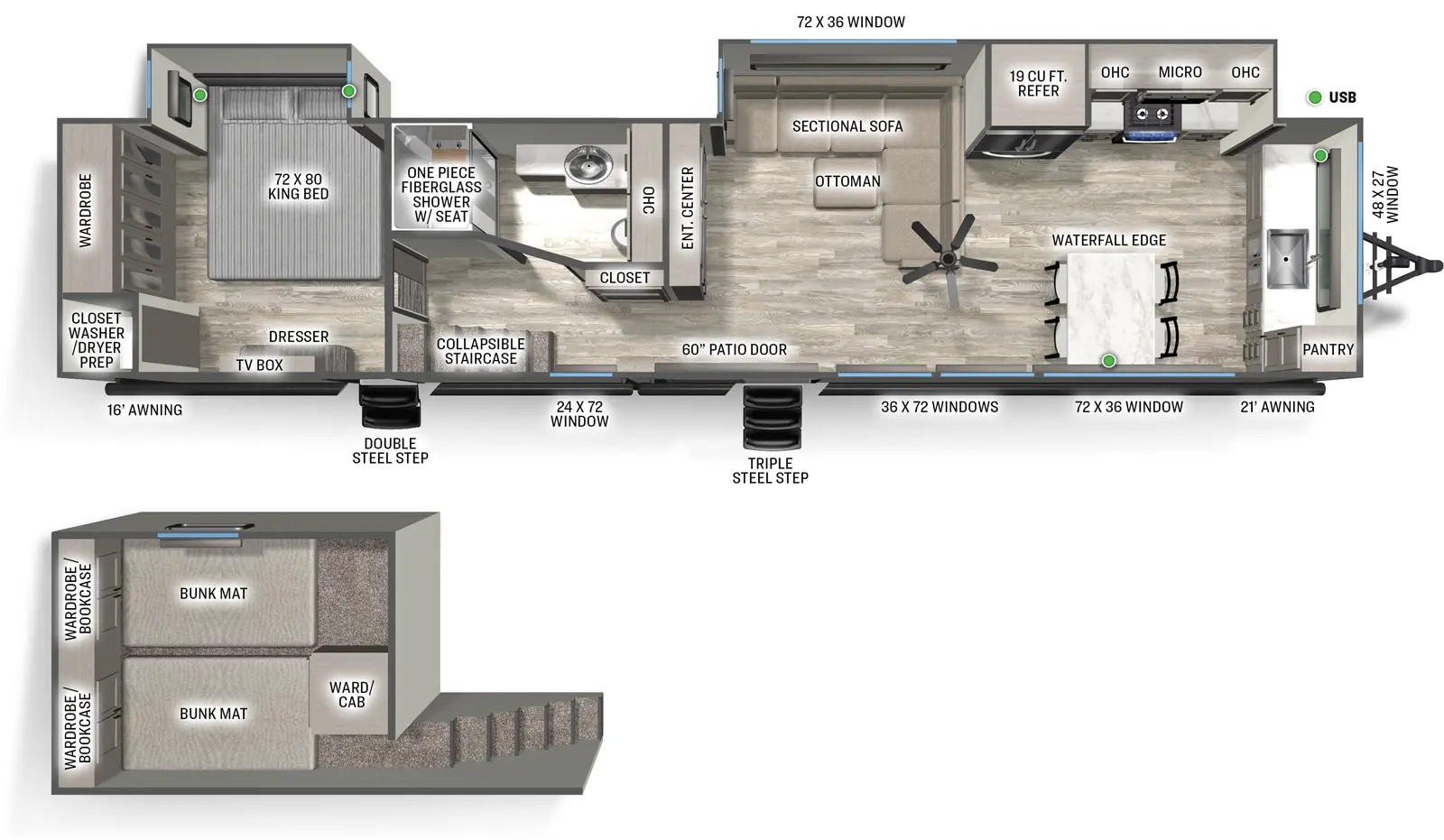 The Sierra Destination 421FKL floorplan has two entries and two slide outs. Exterior features include: fiberglass exterior and 17' & 21' awning. Interiors features include: loft, front kitchen, free-standing dinette option and rear bedroom.